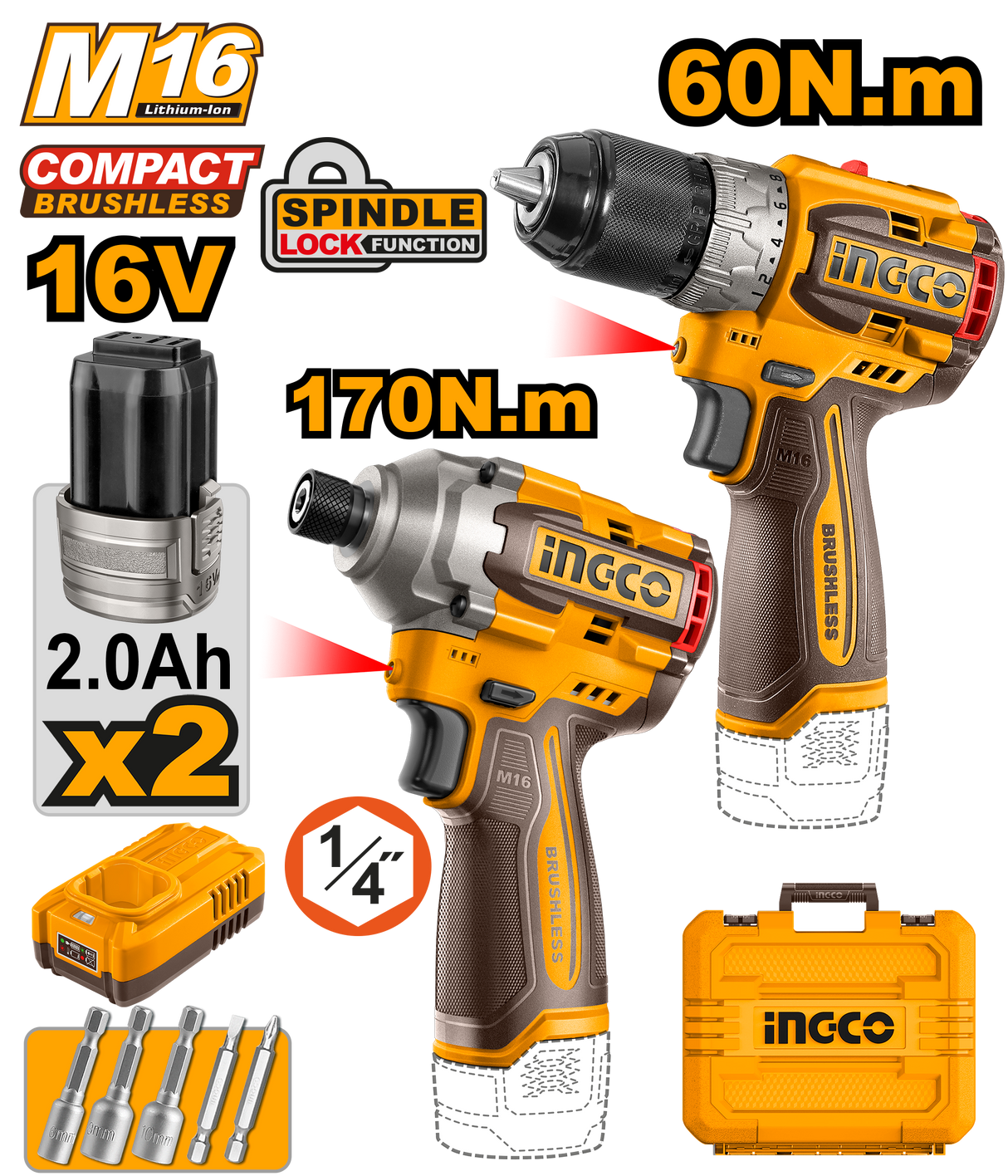 INGCO 16V M16 2-piece cordless compact drill combo kit