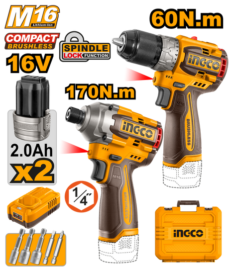 INGCO 16V M16 2-piece cordless compact drill combo kit
