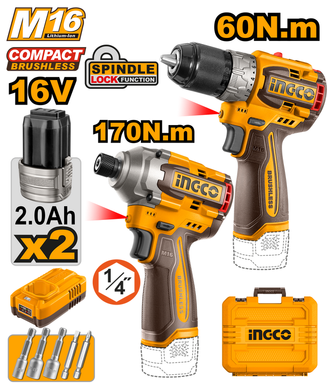 INGCO 16V M16 2-piece cordless compact drill combo kit