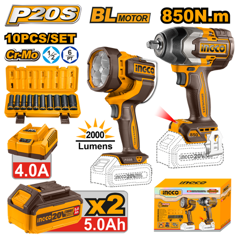 INGCO P20S 20V 2-piece cordless impact wrench combo kit