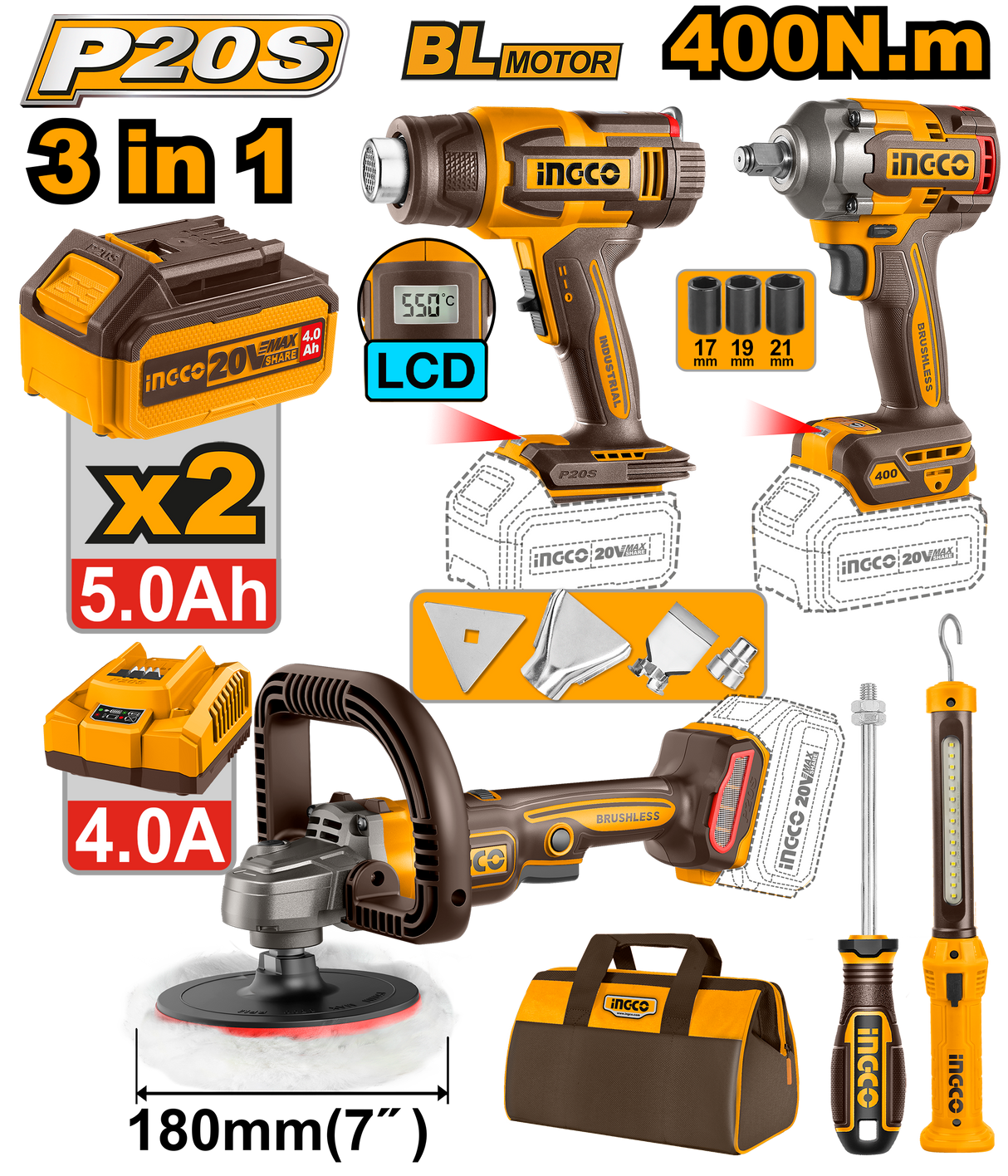 INGCO P20S 20V 4-piece cordless polisher combo kit