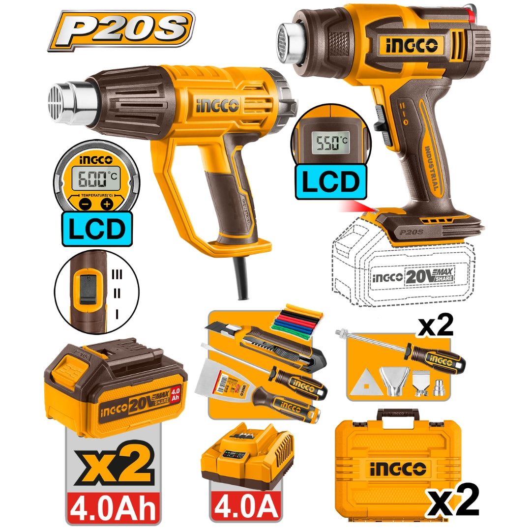 Ingco P20S/20V 2PCS Combo Kit with Lithium-Ion Cordless Heat Gun COSLI241188 ING-CT