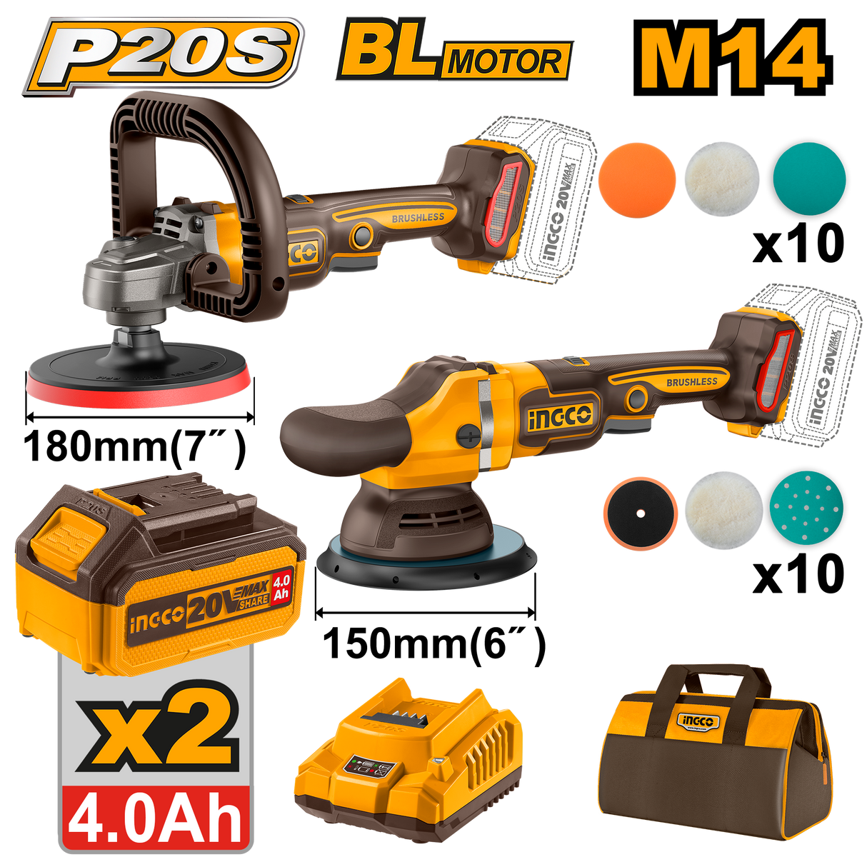 Ingco P20S/20V 2PCS Combo Kit with Lithium-Ion Brushless Cordless Polisher COSLI241191