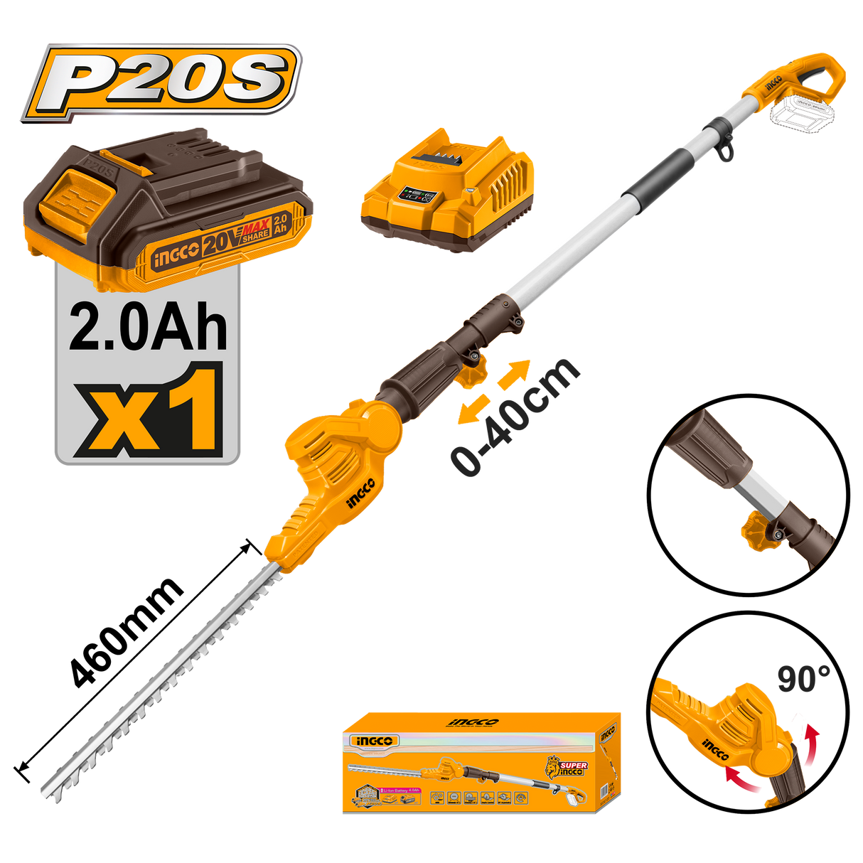 INGCO 12V lithium-ion pole hedge trimmer, 2800 RPM cutting speed