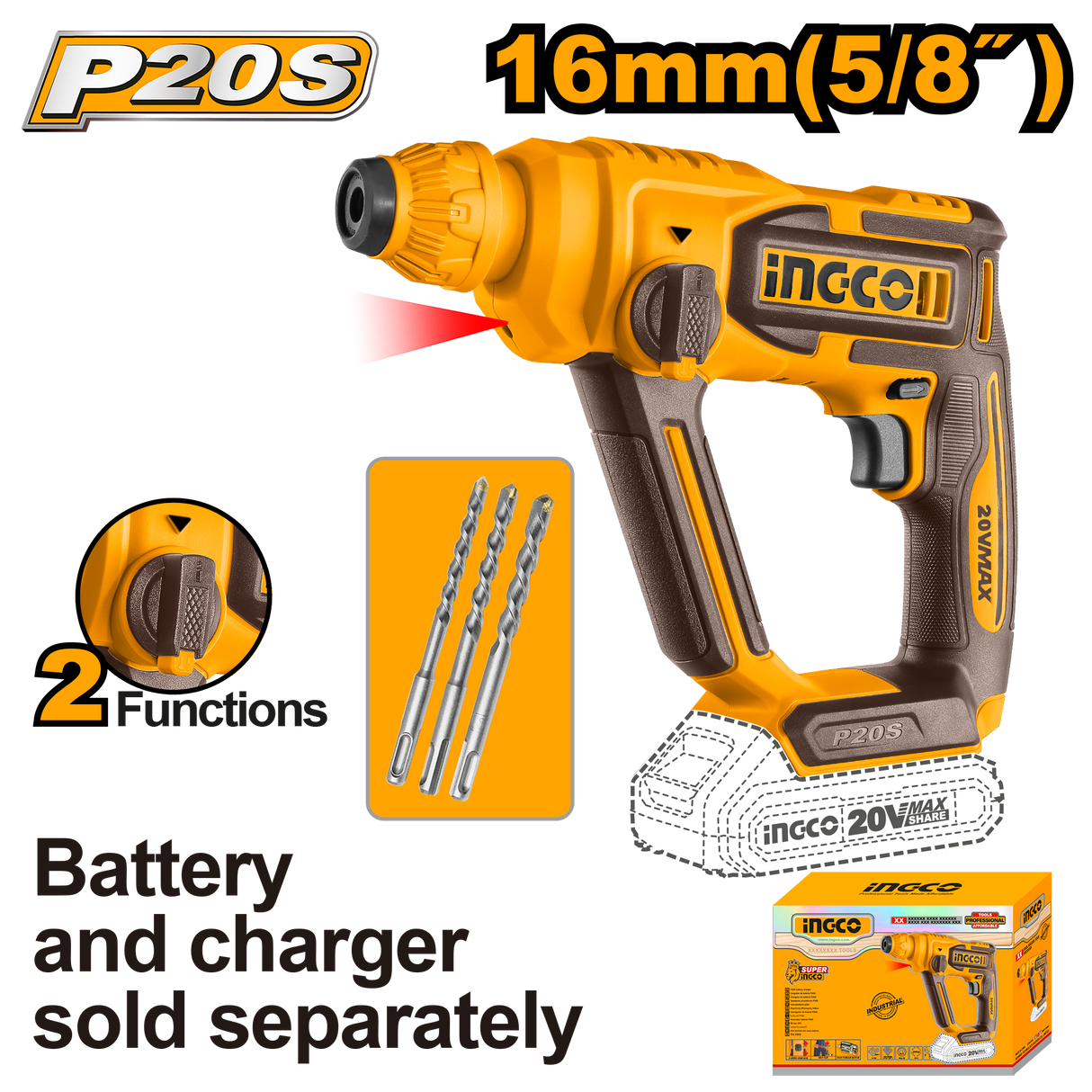 INGCO P20S 20V Cordless Rotary Hammer