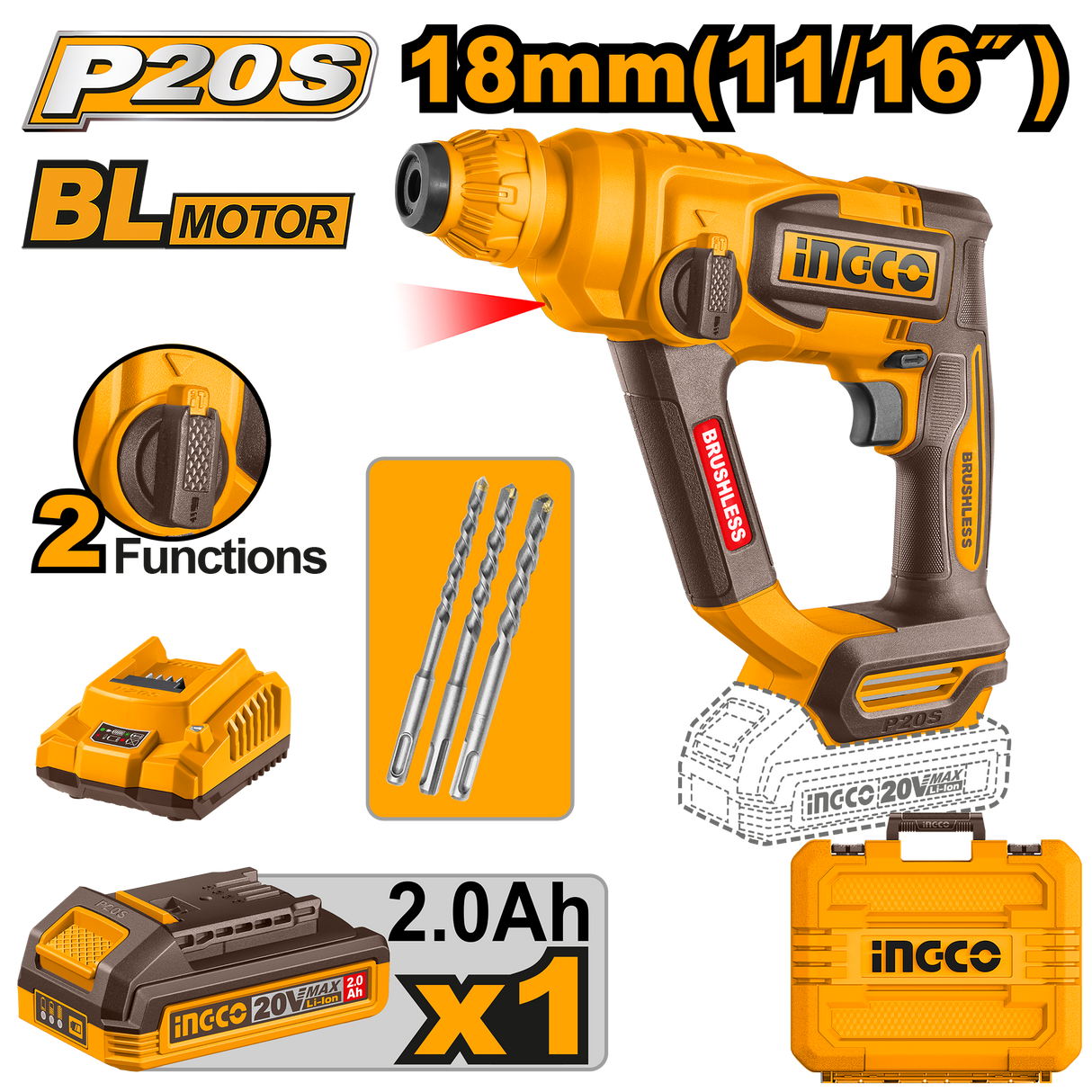 INGCO P20S 20V 18mm brushless cordless rotary hammer drill