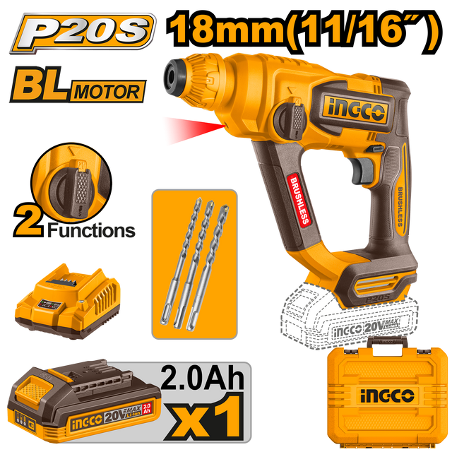 INGCO P20S 20V 18mm brushless cordless rotary hammer drill
