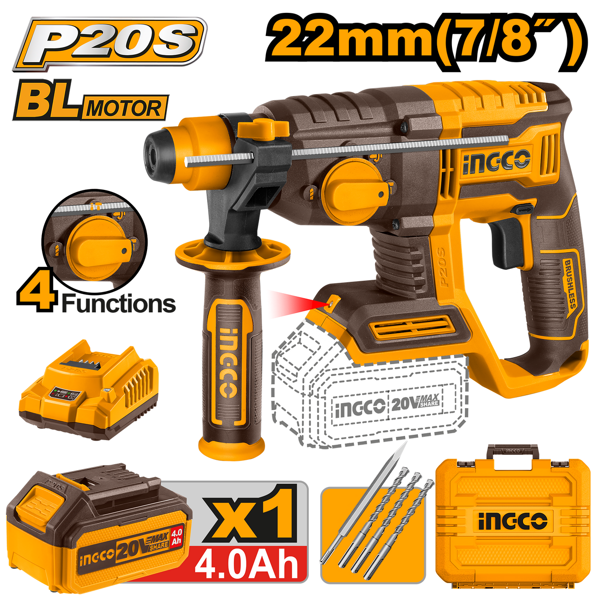 Brushless Motor Lithium-Ion Cordless Rotary Hammer 20V P20S CRHLI202081 ING-COR