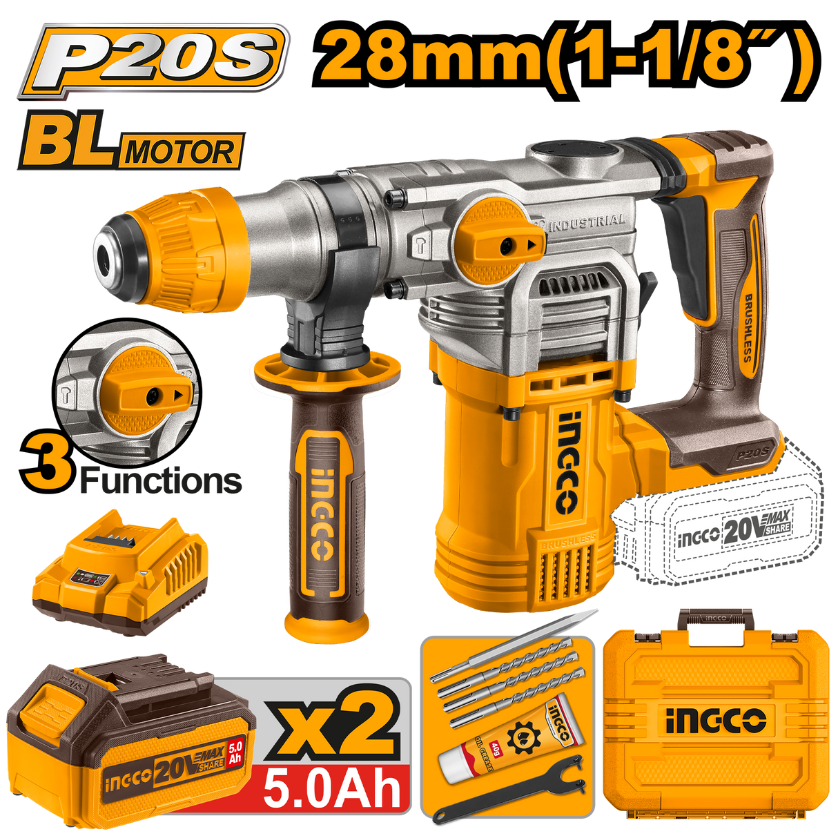 INGCO P20S 20V brushless cordless rotary hammer