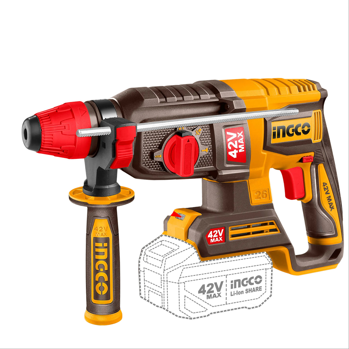 Ingco 42V/26mm(1inch) Lithium-Ion Cordless Rotary Hammer CRHLI422682 ING-CT