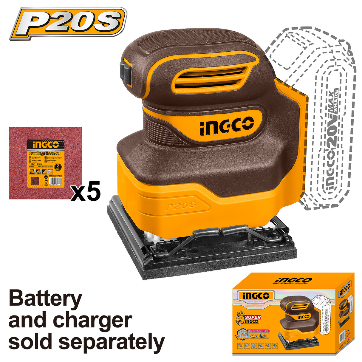 Lithium-Ion Cordless Sheet Sander 20V P20S with 5pcs Sandpaper ING-COR
