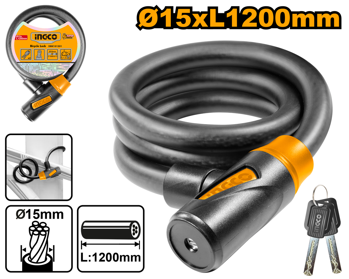 INGCO 15x1200mm PVC-coated braided bicycle lock with 2 iron keys