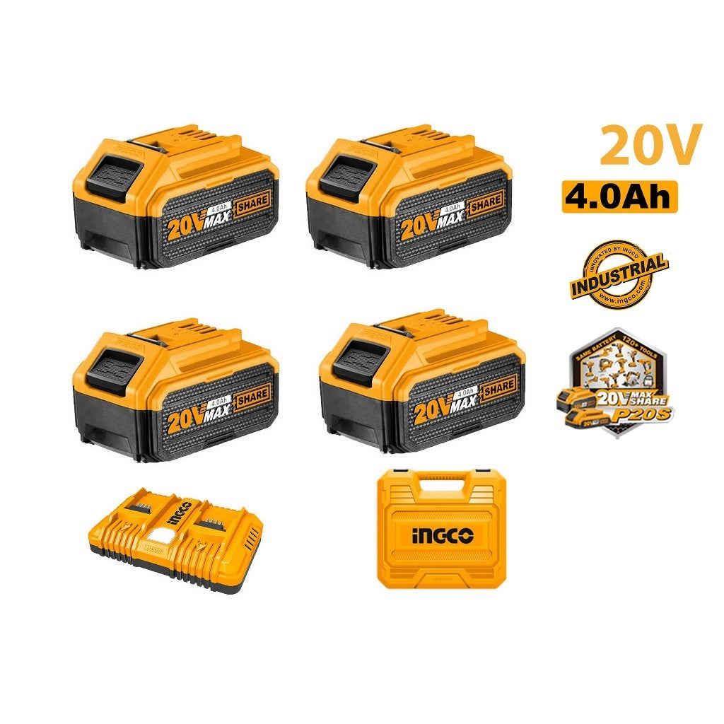 4PCS/Set P20S/20V Lithium-Ion Battery And Charger Kit 4.0Ah-5.0Ah ING-AC