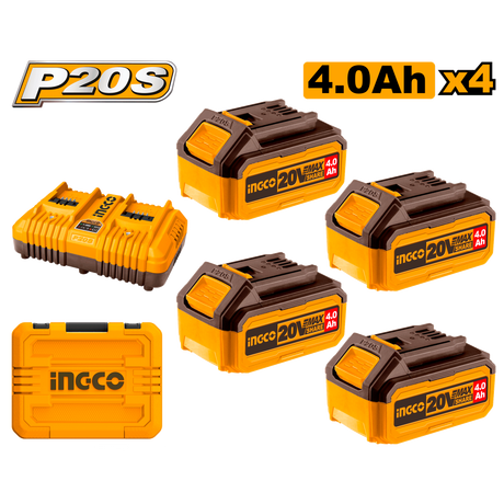 INGCO 4-piece P20S 20V lithium-ion battery and charger kit, 4.0Ah + 5.0Ah