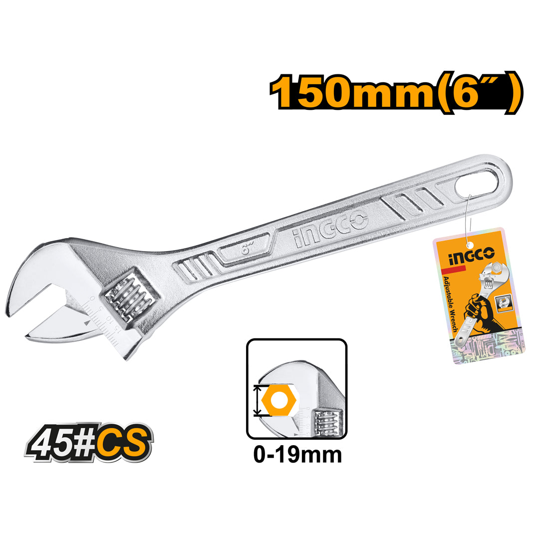 Ingco adjustable wrench, steel hand tool for tightening bolts