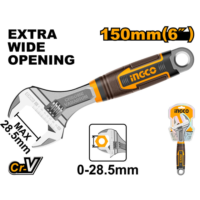 Ingco industrial adjustable wrench CR-V with ergonomic soft handle