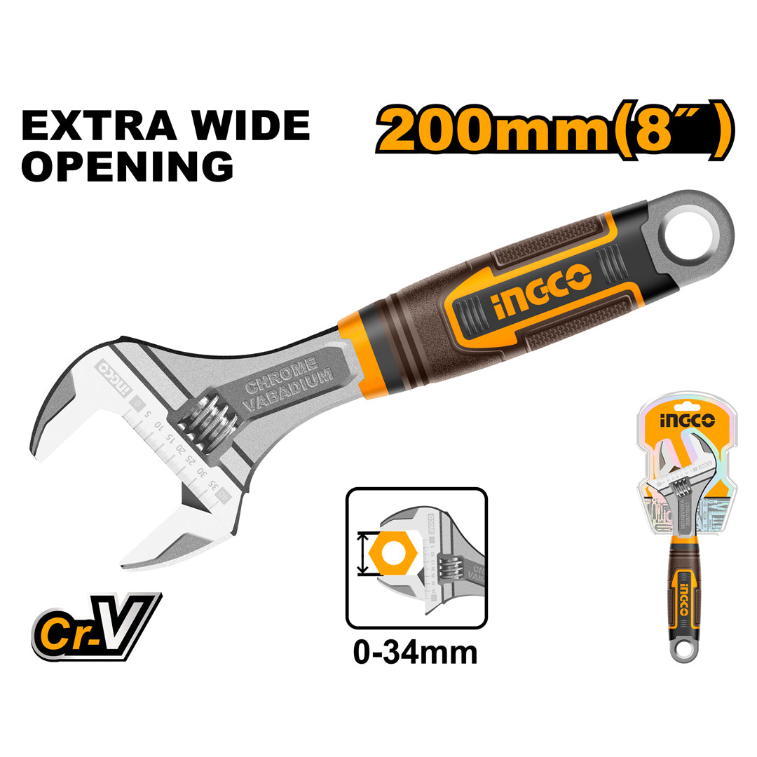 Ingco industrial adjustable wrench CR-V with two-tone soft handle