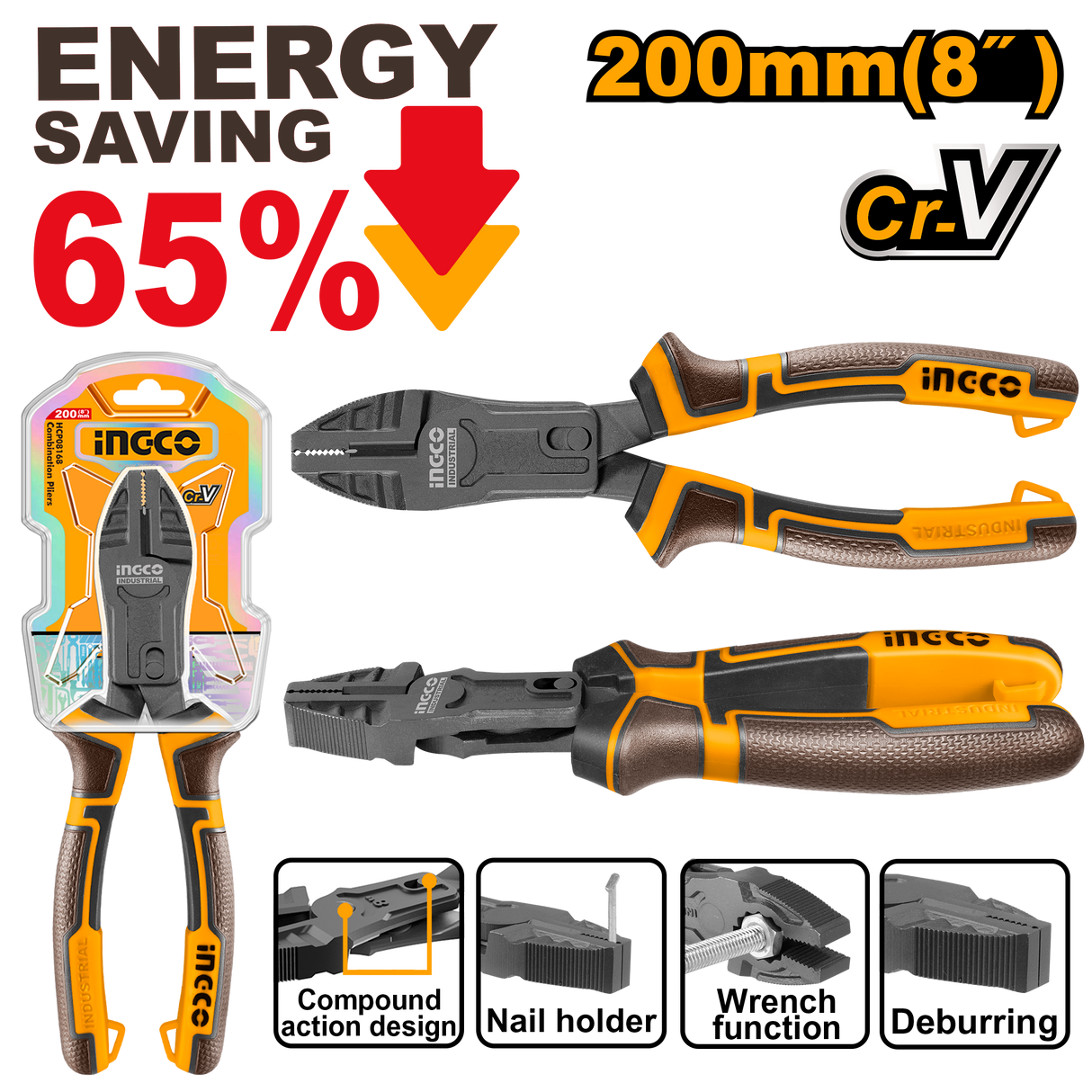 7inch/180mm - 9.5inch/240mm Compound Action Combination Pliers ING-HT