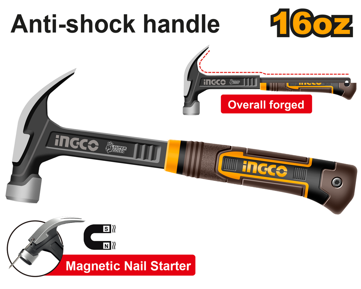 Claw Hammer 16oz/450g to 20oz/560g With Anti-Shock Handle ING-HT