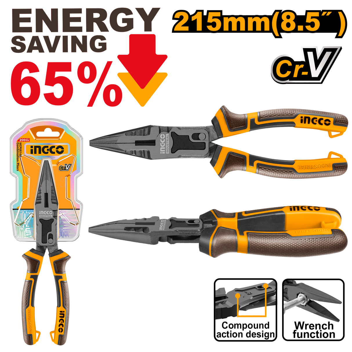 8.5inch/215mm Compound Action Long Nose Pliers HCLNP58200 ING-HT