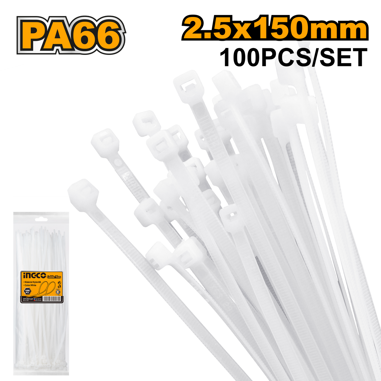Ingco 100 pcs/pack Cable Tie White 100mm to 760mm HCT (IHT)