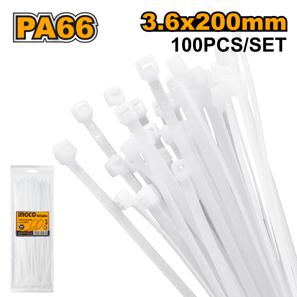 100 Pcs Cable Ties 3.6 x 200 White HCT2001 ING-CO