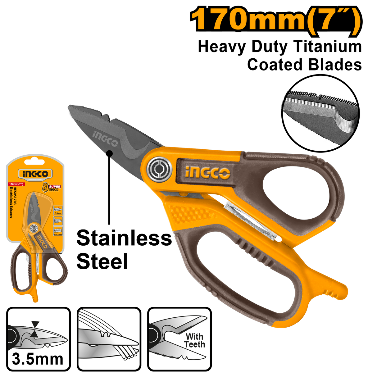 170mm(7") Electrician's Scissors Titanium Plated Stainless Steel Material HES051708 ING-HT