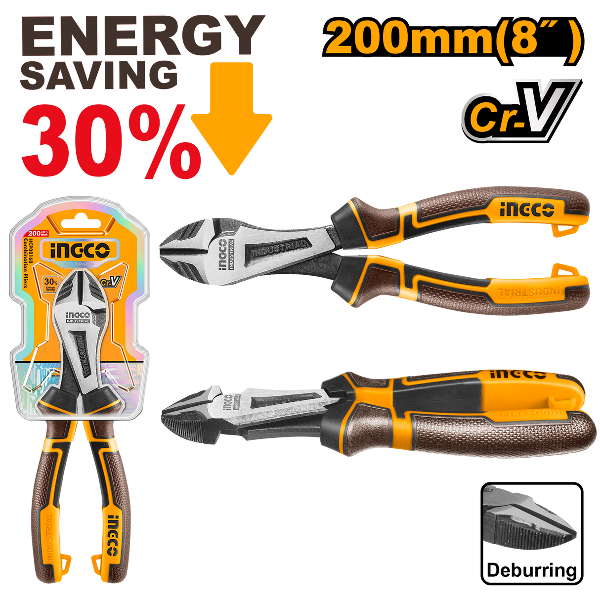 Ingco 8in/200mm CR-V Material High Leverage HeavyDuty Diagonal Cutting Pliers HHHDCP28200