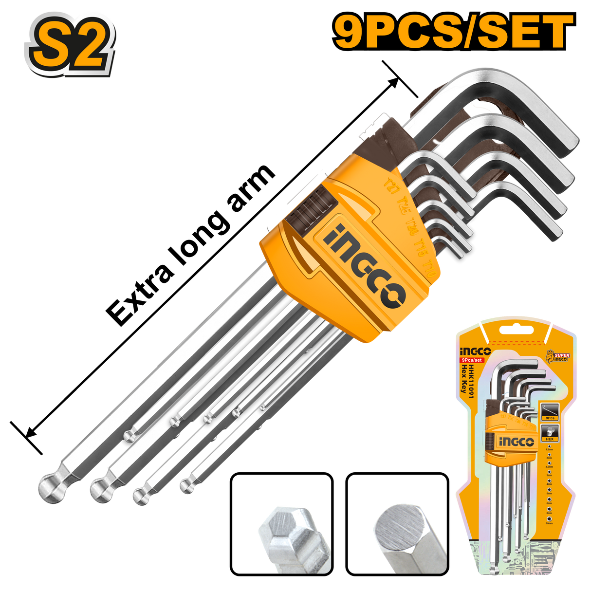 9pcs/Set Allen Hex key | Extra-Long Arm Ball Point HHK12092 ING-HT