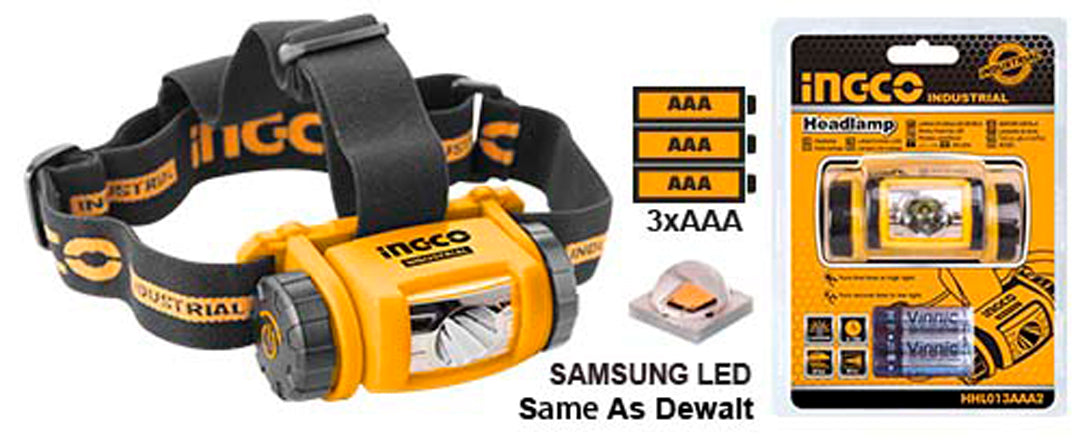 INGCO HHL013AAA2 industrial head lamp IPX4 with 3 AAA batteries