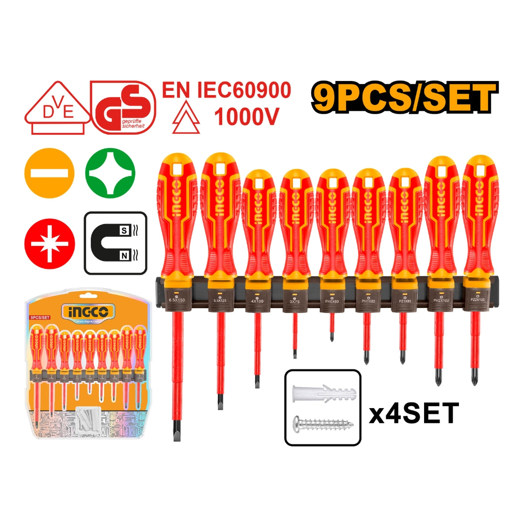 Ingco 9PCS/Set 1000V, VDE+GS Material Insulated Screwdriver Set HKISD0908 ING-HT