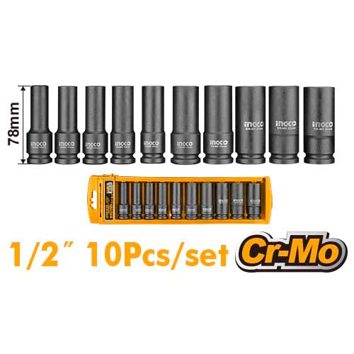INGCO HKISSD12102L 10pcs 1/2 drive deep impact socket set