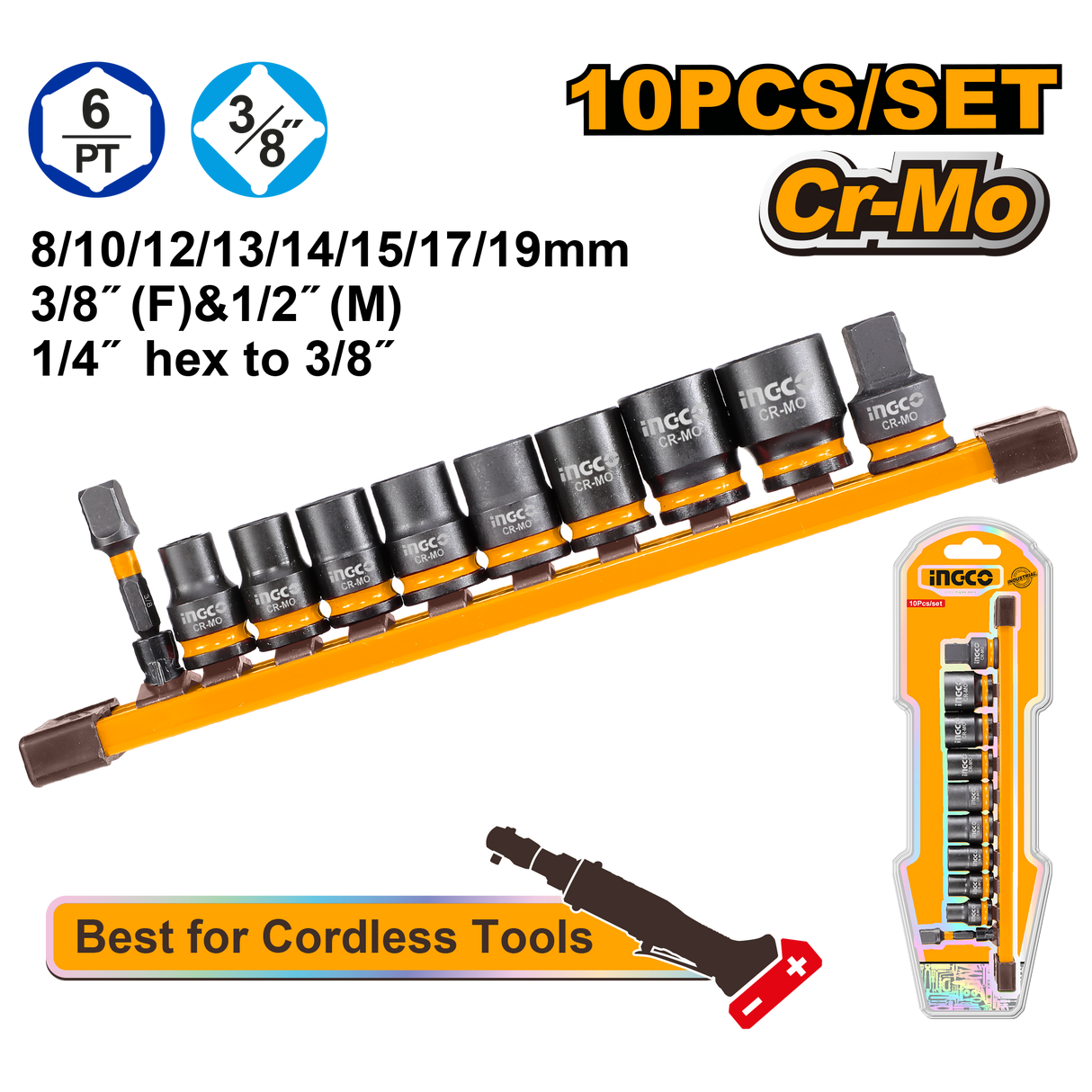 Ingco 10PCS/Set 3/8inches Dr. Impact Socket Set HKISSD38104 ING-HT