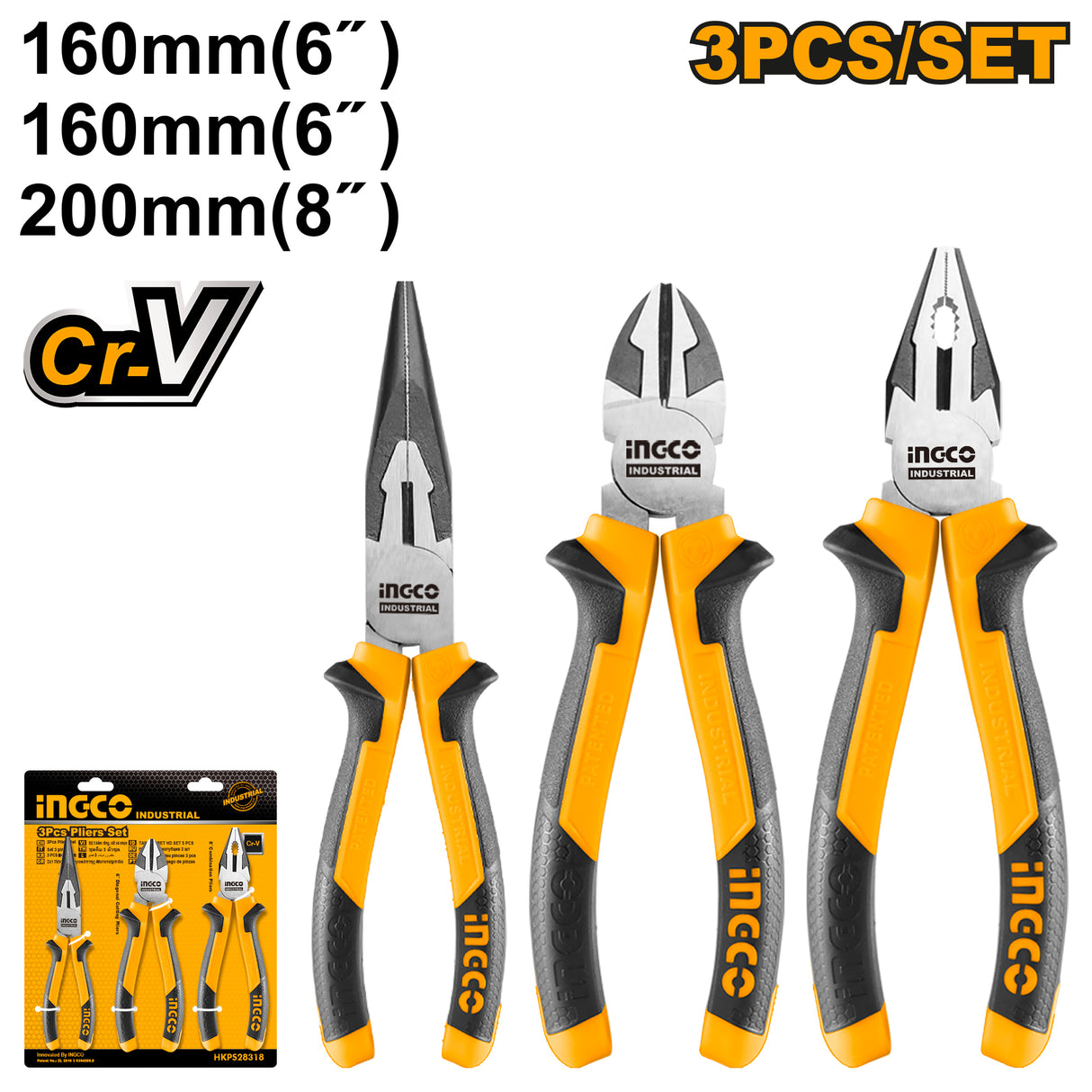 INGCO HKPS28318 3pcs pliers set CR-V (long nose, combination, cutting)