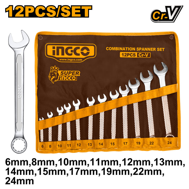 INGCO HKSPA1142 12pcs combination spanner wrench set 6–24mm
