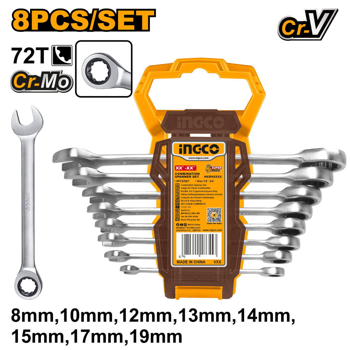 INGCO HKSPAR1082 8pcs ratchet spanner set 8–18mm