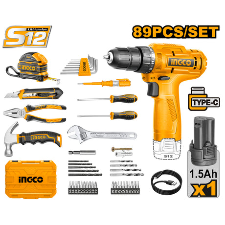 INGCO 12V cordless drill driver with 89pcs household tool set