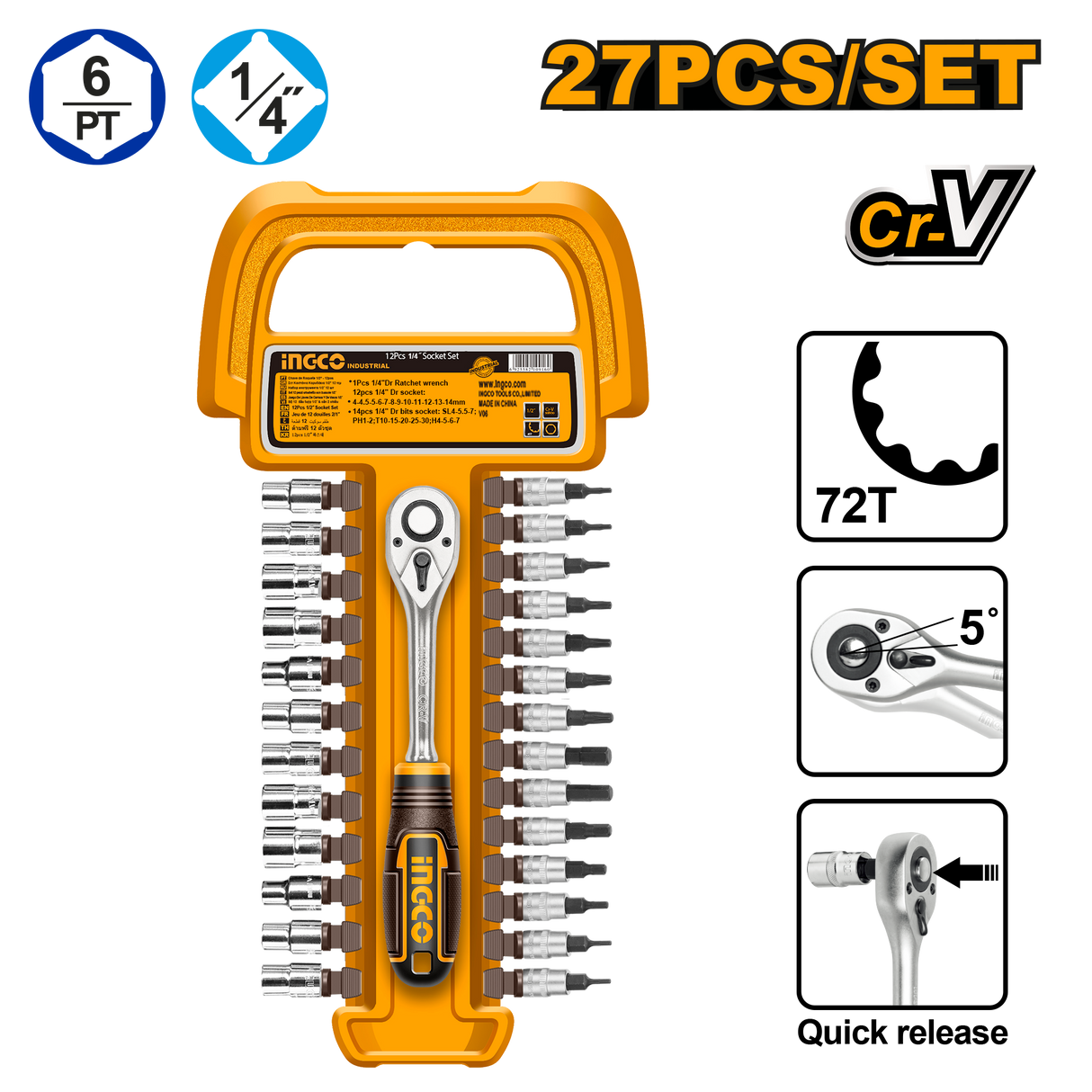 27pcs 1/4-Inch Socket Set HKTS14271 ING-AC