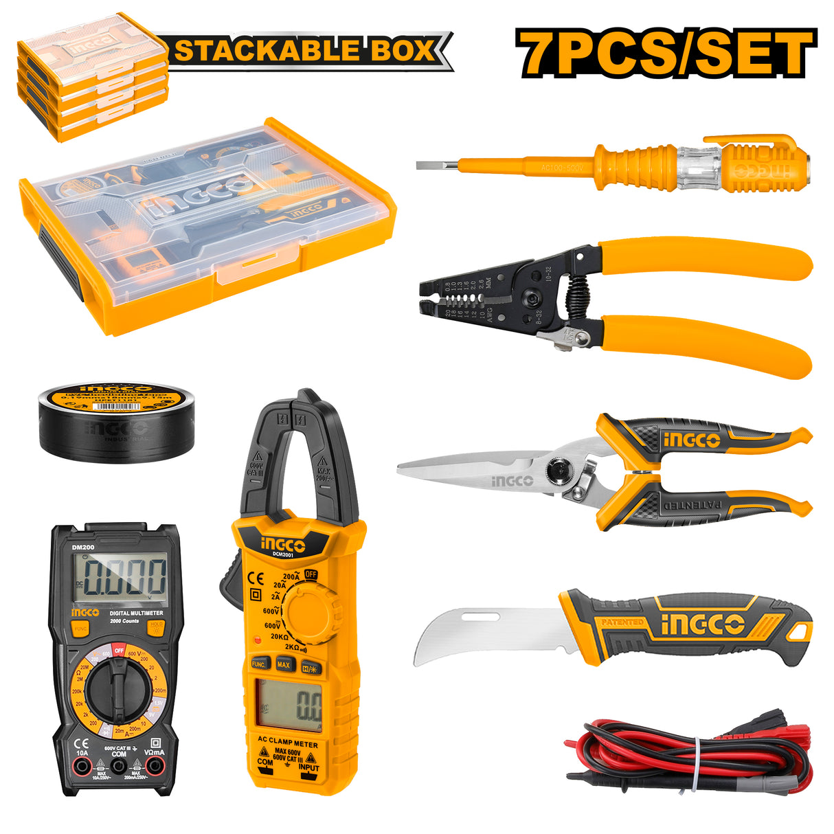 INGCO HKTV01T071 7pcs telecom electrician tool set clamp meter tester