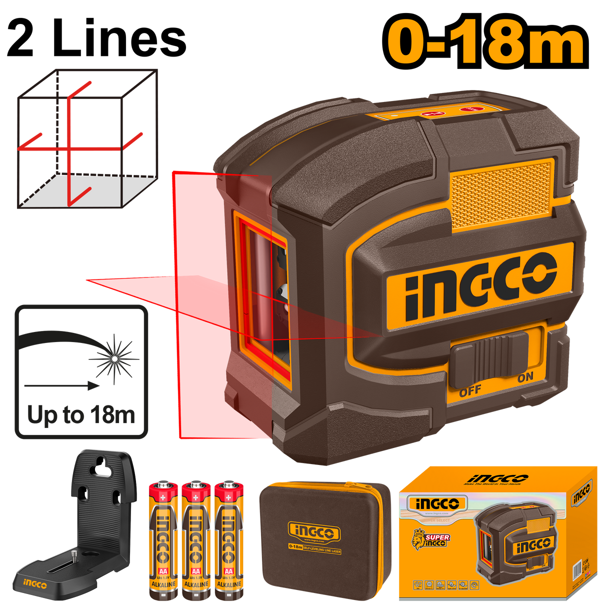 INGCO self-leveling line laser with red and green beam, 0–18m range
