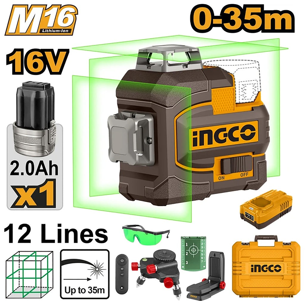 16V/M16 Lithium-Ion Cordless 3D Laser Level Green Laser Level Range: 0~35m ING-CT