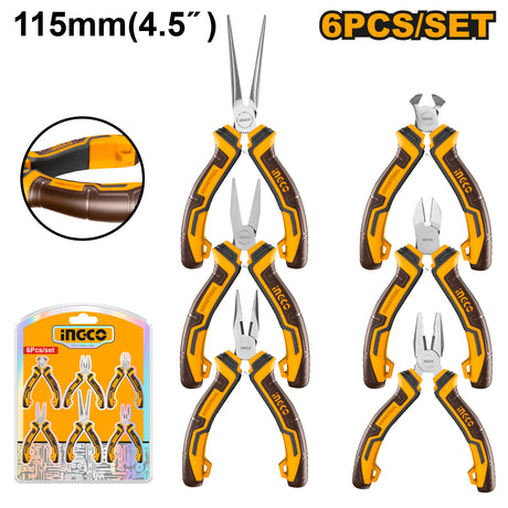 Ingco 6-piece mini pliers set 4.5 inches (115mm), precision pliers kit