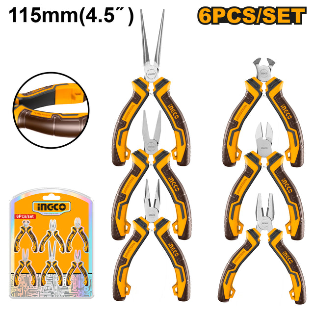 Ingco 6-piece mini pliers set 4.5 inches (115mm), precision pliers kit