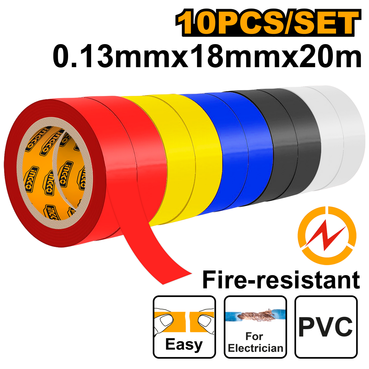 INGCO 10pcs PVC Electrical Insulating Tape Assorted Colors
