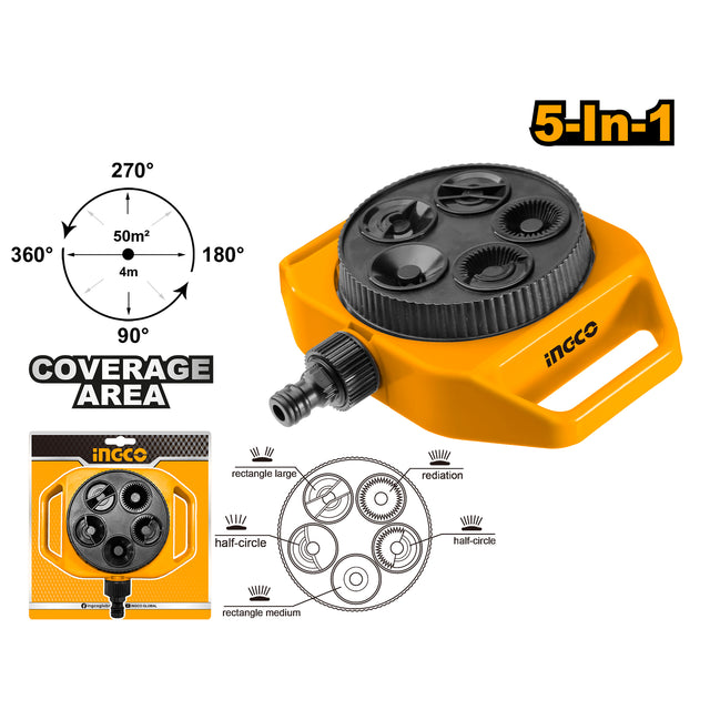Ingco 5-in-1 plastic turret sprinkler for garden irrigation