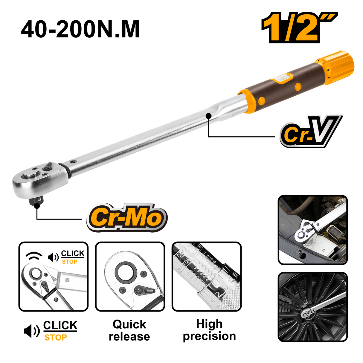 1/2 inches Cr-V+Cr-Mo Steel Heat Treatment Preset Torque Wrench HPTW200N1 ING-HT