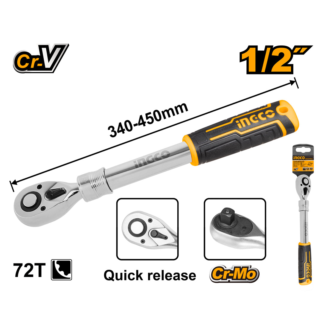 INGCO extendable adjustable ratchet wrench 1/2" 320–450mm CR-V CR-MO