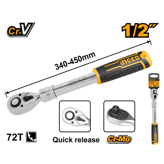 INGCO extendable adjustable ratchet wrench 1/2" 320–450mm CR-V CR-MO