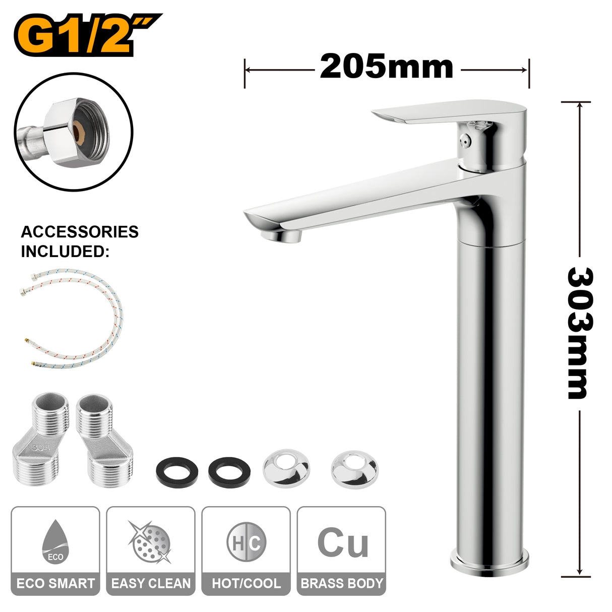 INGCO Single Lever Wash Basin Mixer Faucet 1/2" Brass