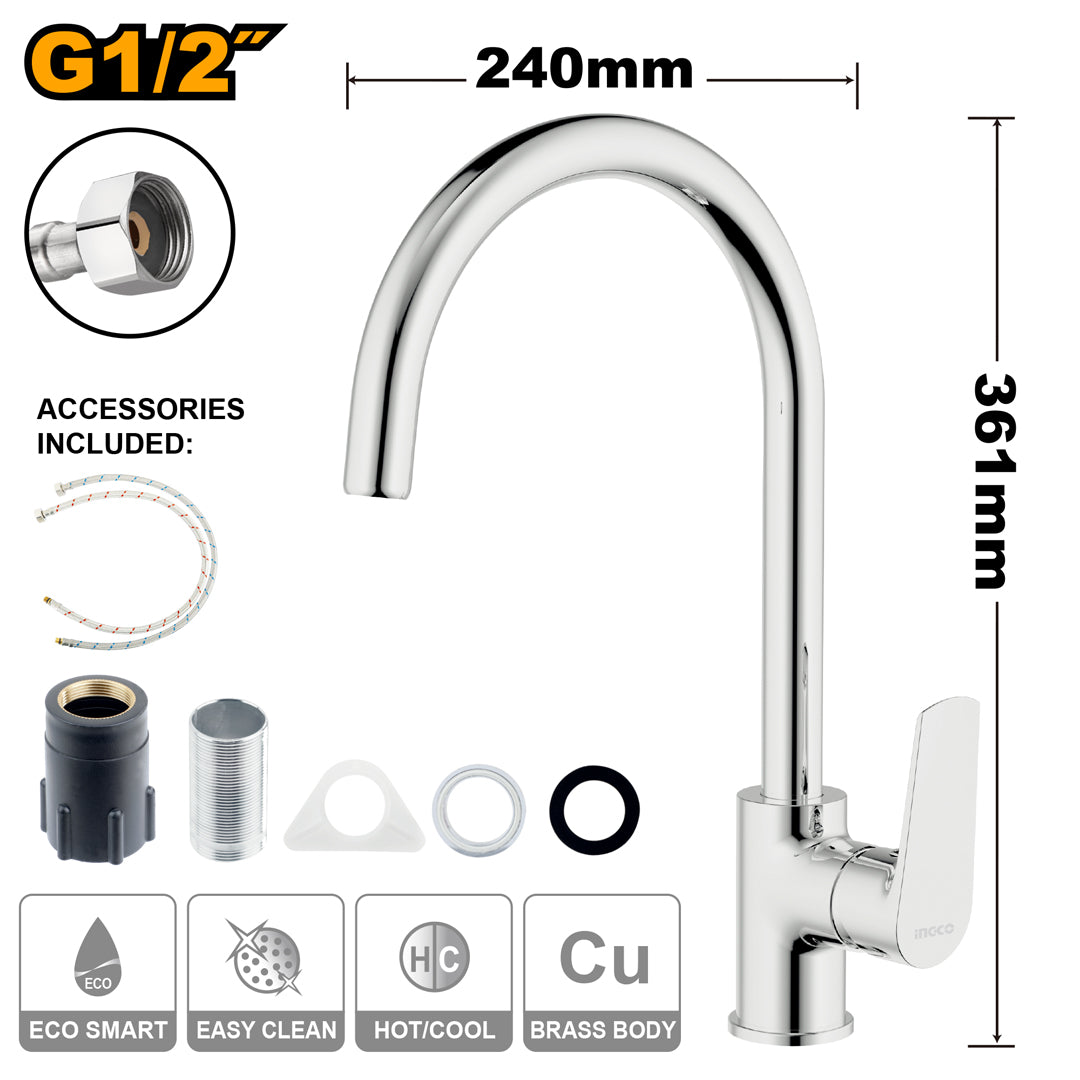INGCO Single Lever Sink Mixer Faucet Brass Chrome Finish